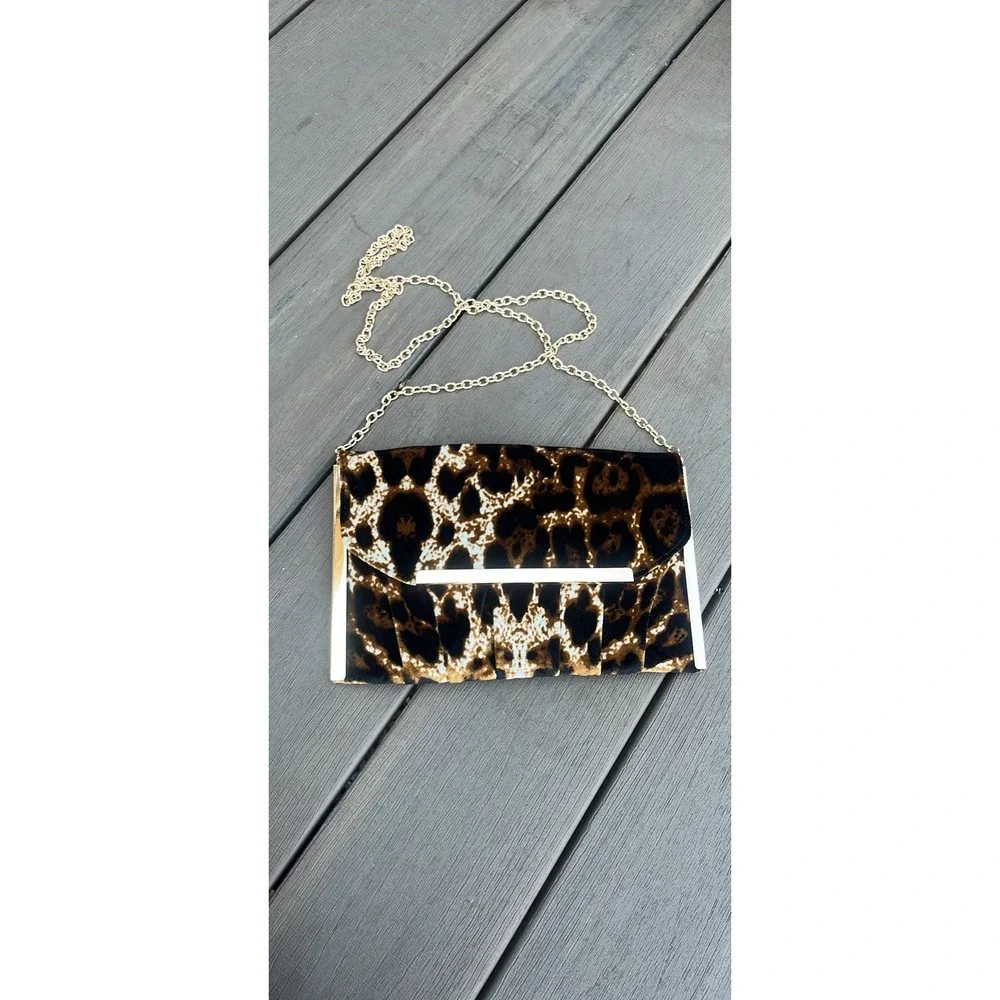 Venus Leopard Print Velvet Clutch Bag Gold Chain Strap Crossbody Brown Black